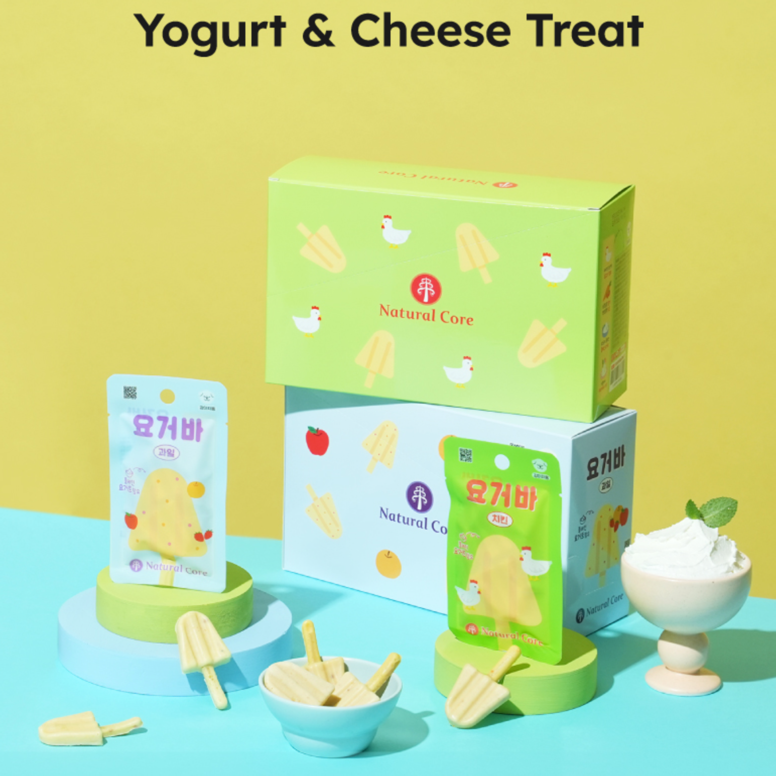 Yogurt and cheese treat packaging with popsicles and bowls on a colorful background