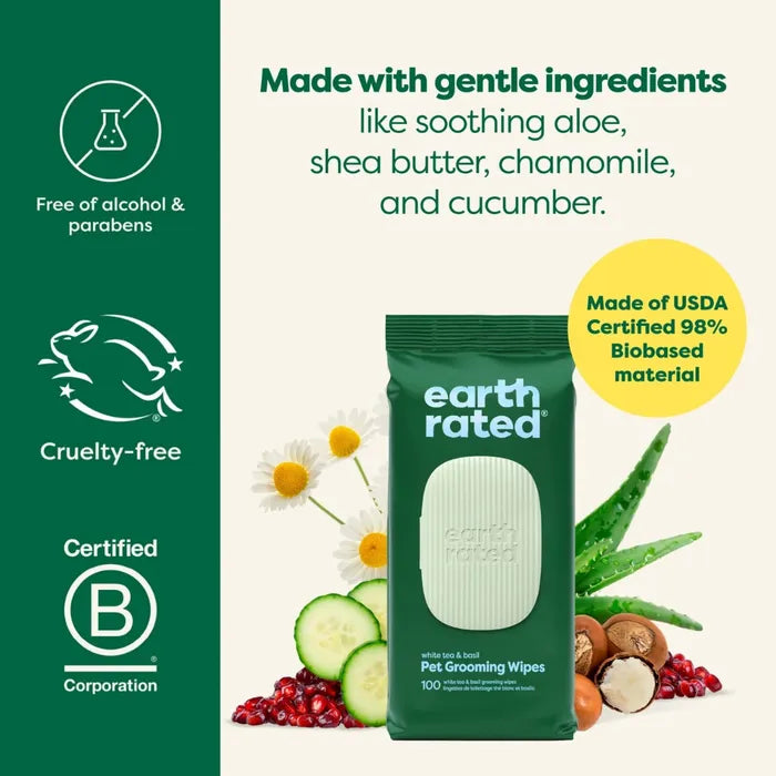 Earth Rated Certified Biobased Dog Wipes - White Tea & Basil Scented - 100 Pack