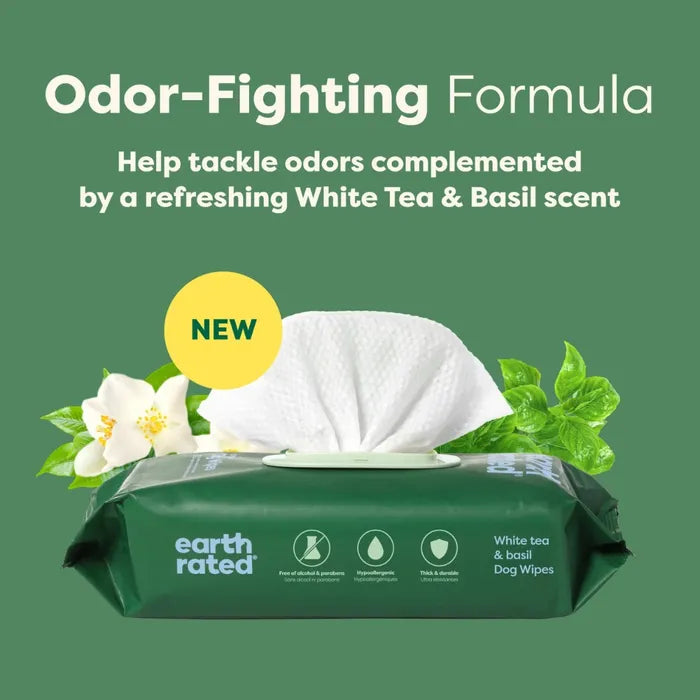 Earth Rated Certified Biobased Dog Wipes - White Tea & Basil Scented - 100 Pack